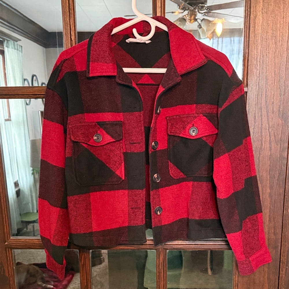 Hippie Rose Red Black Buffalo Plaid Cropped‎ Shacket Shirt Jacket Womens XS